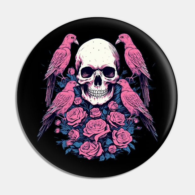 Skull and Flowers and Birds Pin by TOKEBI