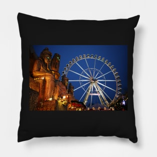 Luxor Temple replica and Giant Ferris wheel at the Christmas Market (Weihnachtsmarkt - Wintertraum am Alexa) near Alexanderplatz, Berlin, Germany Pillow