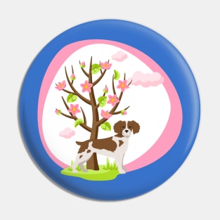 Brittany Spaniel Dog with Spring Blossom Tree Pin