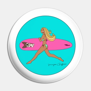 Surfgirl and frenchie catching waves Pin