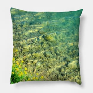 Overview from Santarelli lakes with greenery, yellow flowers and crystalline waters with stones Pillow