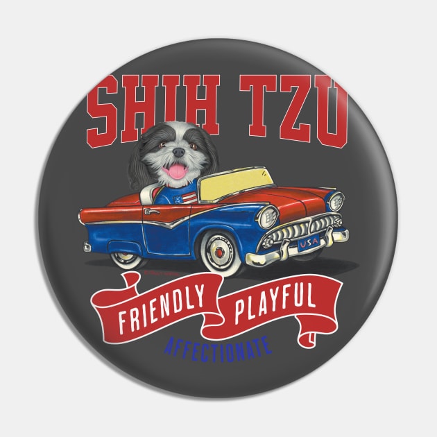 Cute Shih Tzu dog in a funny vintage classic retro car with red white and blue flags Pin by Danny Gordon Art