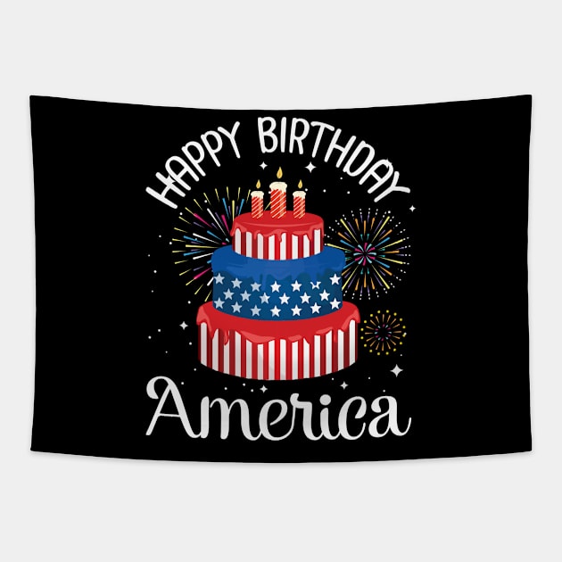 Big US Flag Birthday Cake And Fireworks Happy Birthday America Independence July 4th Day Tapestry by Cowan79