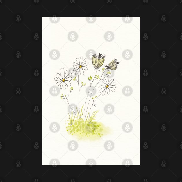 Queen Anne's Lace and Daisies in Pen Ink and Watercolor by ConniSchaf