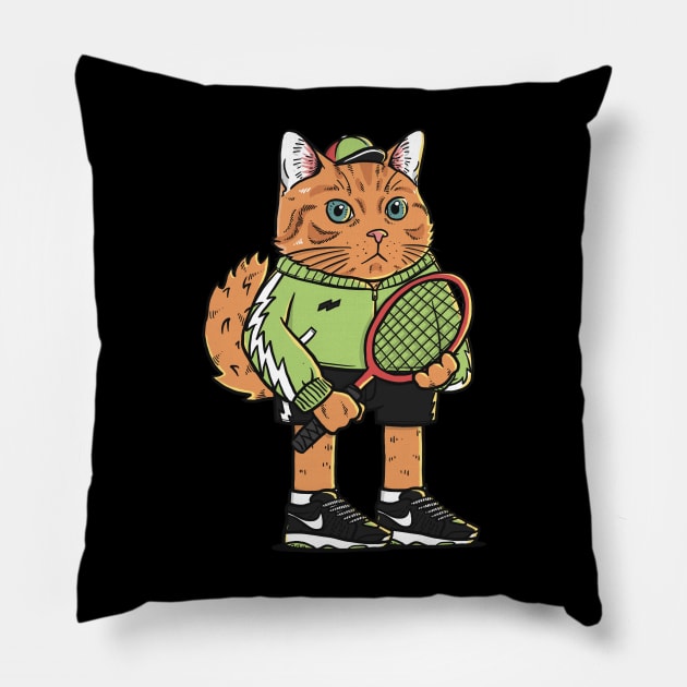 Badminton Cat Sport Club Pillow by Cat Lover Studio