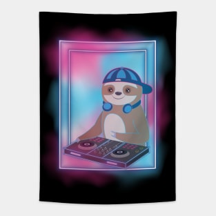 Cute Baby Sloth Playing Dj With Headphones Tapestry