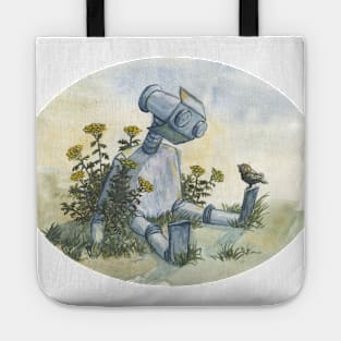 a little robot and bird - watercolor illustration Tote