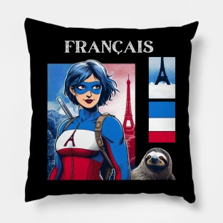 Francais: Female 90's Comic Book Hero with Sloth Cover Pillow