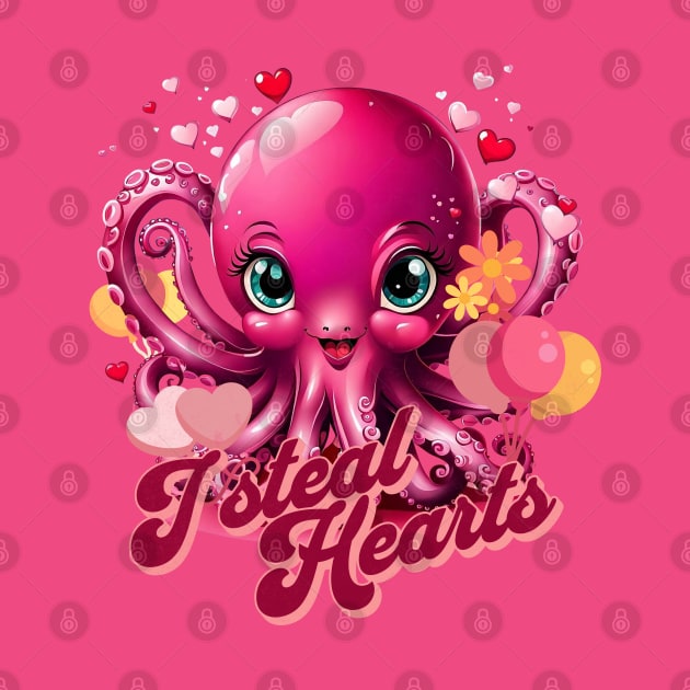 Octopus With Hearts Balloons Valentines Day I Steal Hearts by alcoshirts