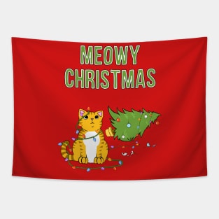 Meowy Christmas Tabby Cat Knocked Over Xmas Tree Tapestry