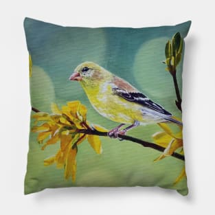 American Goldfinch and Forsythia painting Pillow