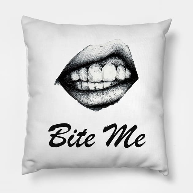 BITE ME - Teeth Bared Pillow by brainbag