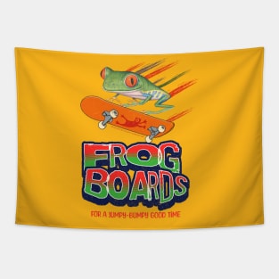 Cute and Funny red eyed tree frog is having a good time on a skateboard with frog boards having a jumpy and bumpy good time Tapestry