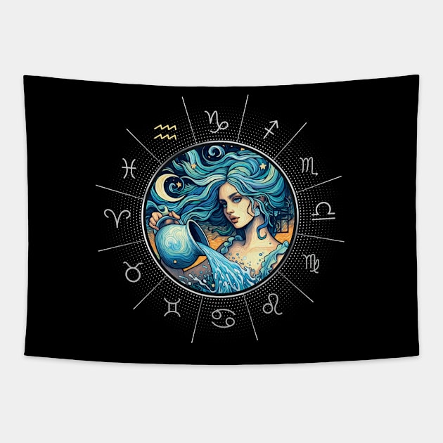 ZODIAC Aquarius - Astrological AQUARIUS - AQUARIUS - ZODIAC sign - Van Gogh style - 2 Tapestry by ArtProjectShop