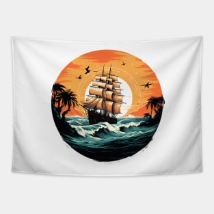 A vintage looking ship sails across the giant waves in a sunset enviornment Tapestry