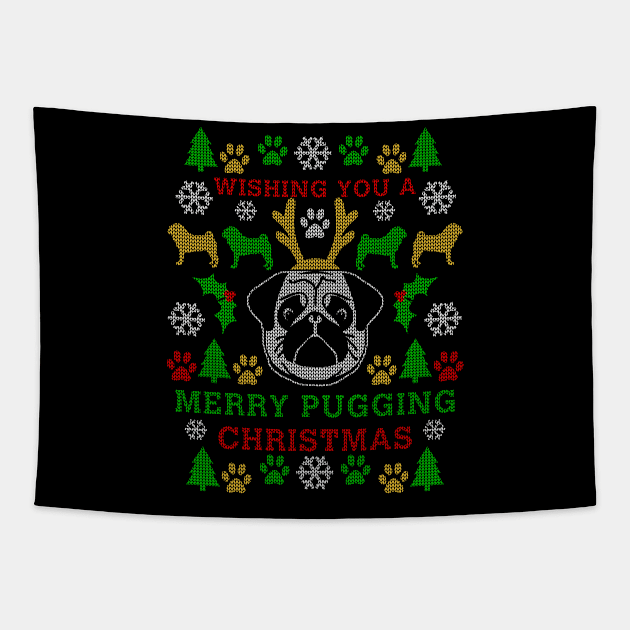 Merry Pugging Christmas Pug Ugly Christmas Sweater Tapestry by TeeCreations