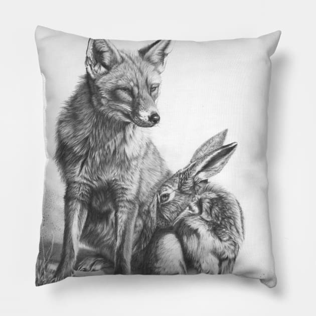 An Unlikely Alliance fox and hare pencil drawing Pillow by Mightyfineart