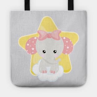 Elephant On A Cloud, Cute Elephant, Stars, Ribbon Tote