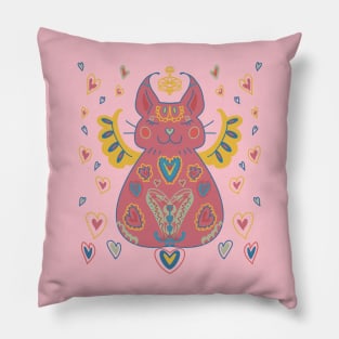 Cute Kawaii Pink Cat Angel and Hearts Pillow