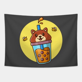 Cute Bear Boba Milk Tea With Bee Cartoon Tapestry