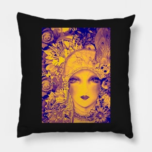 MUSTARD INDIGO FLORAL ART DECO FLAPPER , COLLAGE POSTER PRINT Pillow