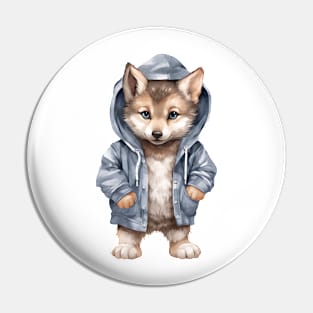 Gray Wolf Wearing Hoodie Pin