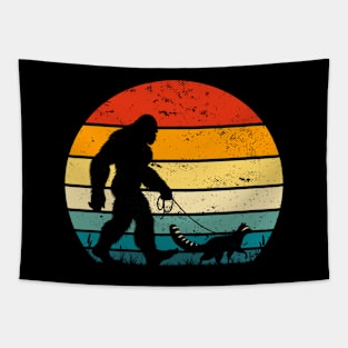 Bigfoot Walking a Raccoon Vintage Sunset Trash Panda Tapestry