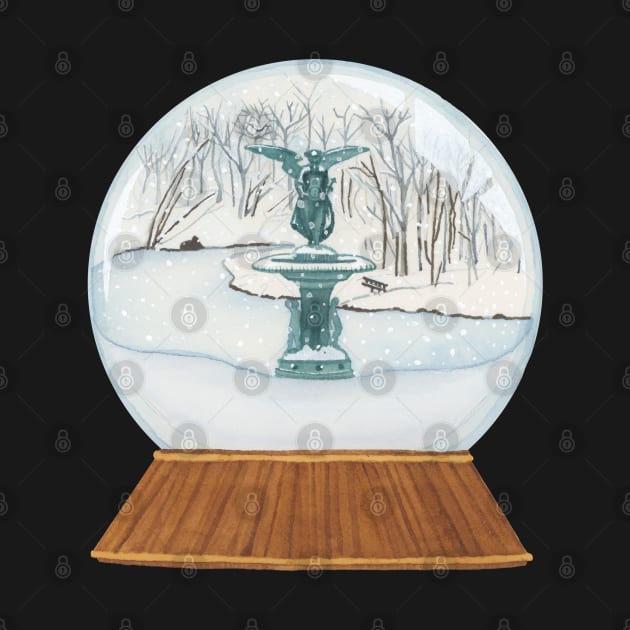 SNOW GLOBE – BETHESDA FOUNTAIN IN WINTER – CENTRAL PARK – NEW YORK CITY – Watercolor Painting by VegShop