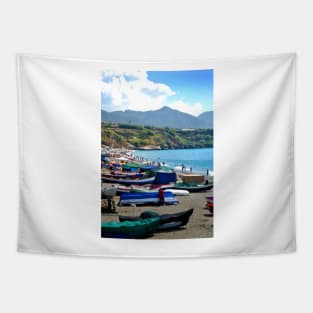 Fishing Boats Burriana Beach Nerja Spain Tapestry