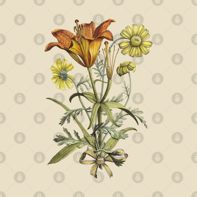 Tiger Lily Flower Bouquet with Ribbon Vintage Botanical Illustration by Biophilia