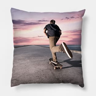 Skateboarder pushing on a concrete pavement Pillow