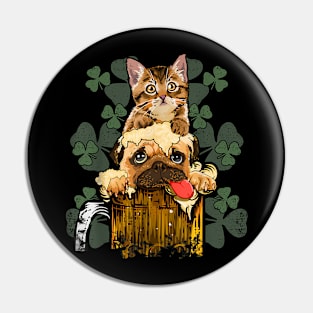 Cute Pug and Cat In Beer for Pug  Pug St Patricks Day Pin