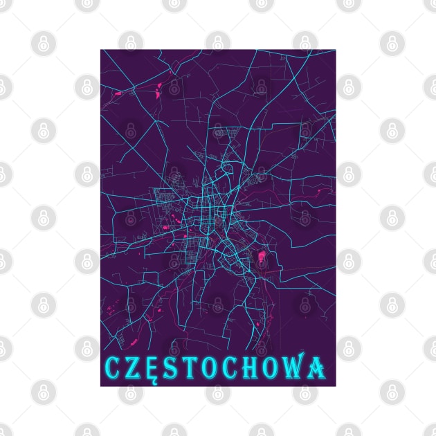 Częstochowa Neon City Map, Częstochowa Minimalist City Map Art Print by tienstencil