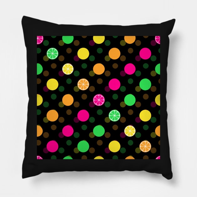 Bright Citrus Polka Dots (Black) Pillow by dogbone42