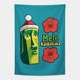 Tiki Style Easter Island Moai Wishes Merry Christmas in Hawaiian - Mele Kalikimaka Tapestry