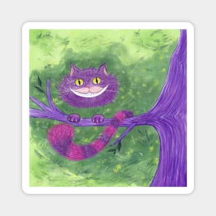Smiling Cheshire Cat on a Tree Branch Digital Illustration Magnet