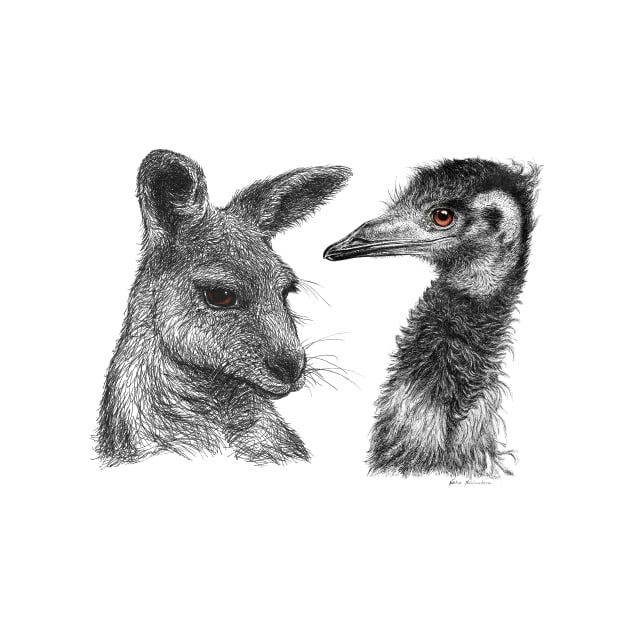 Australian Kangaroo and Emu Drawing Design - Australiana by nadyawildlife