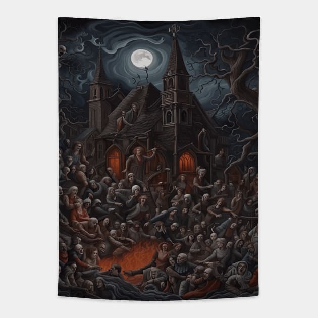 Haunted House Halloween Zombie Get Together Tapestry by taiche