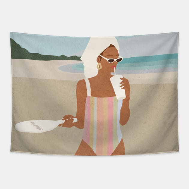 Beach girl in swimsuit Tapestry by JulyPrints