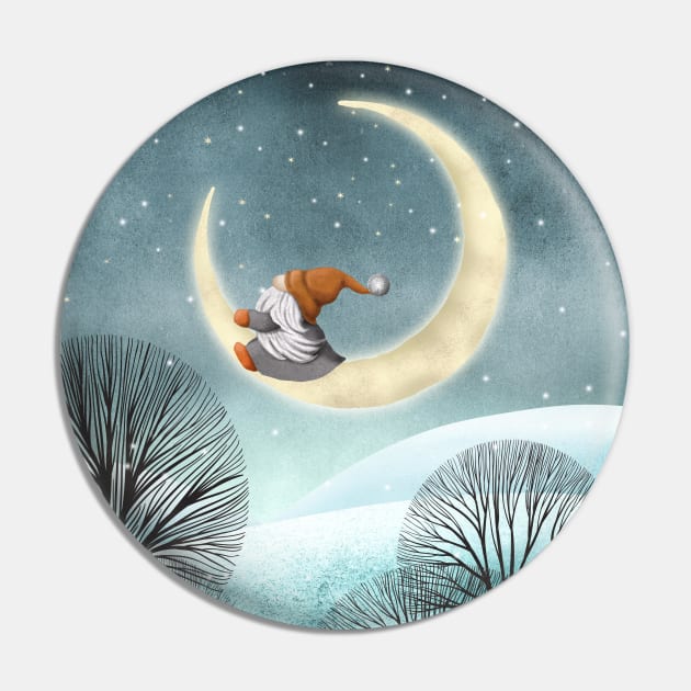 Scandinavian gnome and moon winter watercolor fantasy illustration. Swedish cute gnome in snow night forest. Pin by likapix