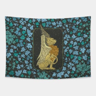 Strong griffon in a green floral wreath and blue leaves on black background Tapestry