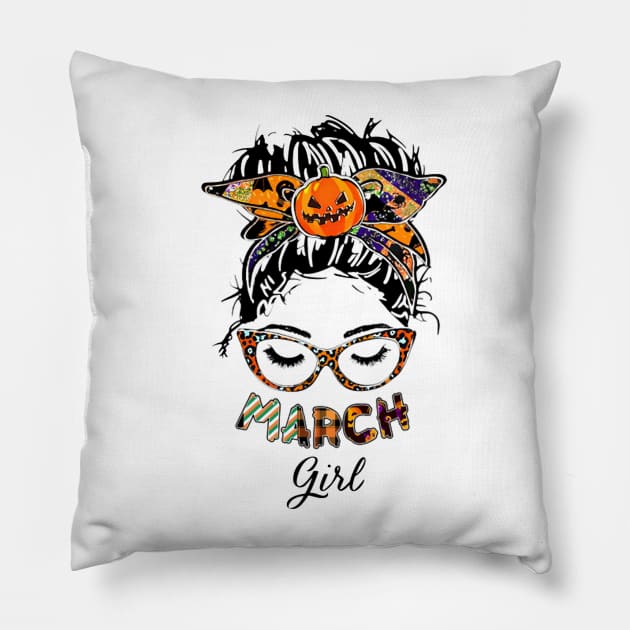 March Girl Halloween Face Wink Eyes Pumpkin Pillow by tasmarashad