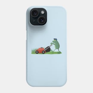 Funny green frog mowing lawn cartoon Phone Case