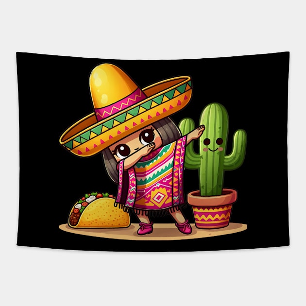 Funny Dabbing Mexican Poncho Sombrero Cinco de Mayo girl boy Tapestry by click2print