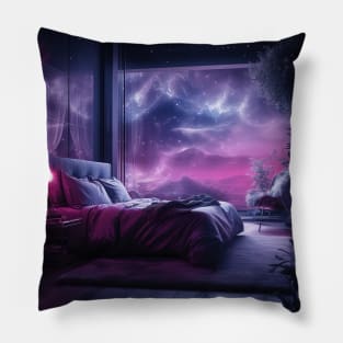 A luxuriously decorated bedroom with purple space in behind Pillow