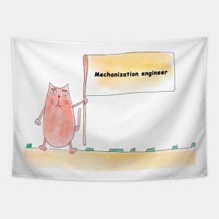 Mechanization engineer. Profession, work, job. Cat shows a banner with the inscription. Watercolor illustration. A gift for a professional. Tapestry