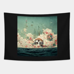 Vintage floral house in the middle of ocean art print Tapestry