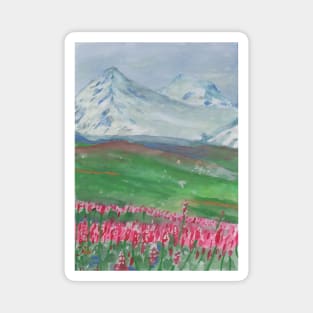 Landscape with mountains and flowers Magnet