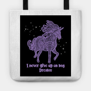 I Never Give Up On My Dreams Beautiful Purple Geometrical Unicorn With Sparkle Tote