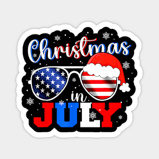 Christmas In July Santa Hat Sunglasses USA Flag 4th of July Magnet